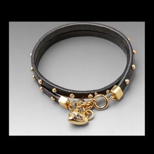 Juicy Couture black leather wrap gold studded bracelet with puff heart charm